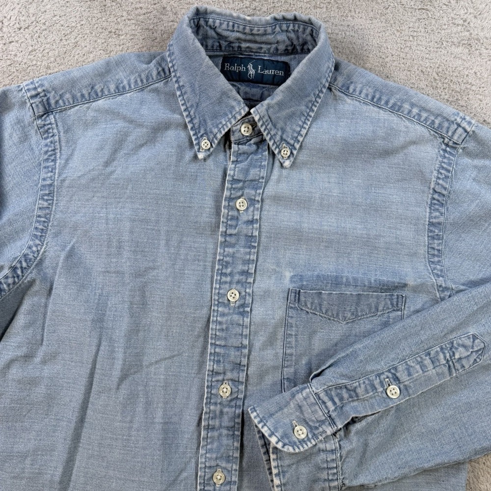 Polo Ralph Lauren Shirt Mens Small Slim Fit Blue Denim Button Chambray Pocket